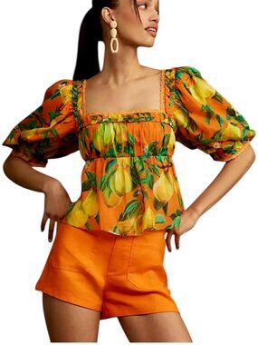 Farm Rio Square Neck Puff Sleeve Blouse Orange Citrus Print S